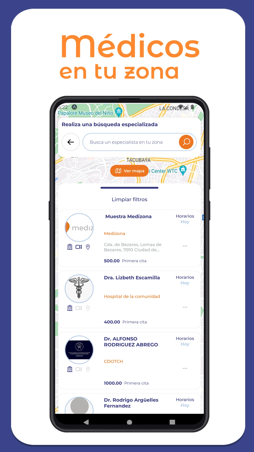 App móvil de Medizona mostrando la búsqueda de médicos por zona